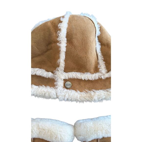 UGG Australia Shearling Sheepskin Bucket Hat & gloves Tan Leather Fur Trim Size - Picture 3 of 12